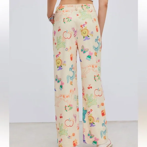 Cider Cream Wide-Leg Pants with Multicolor Fun Pet and Fruit Print - Picture 2 of 15